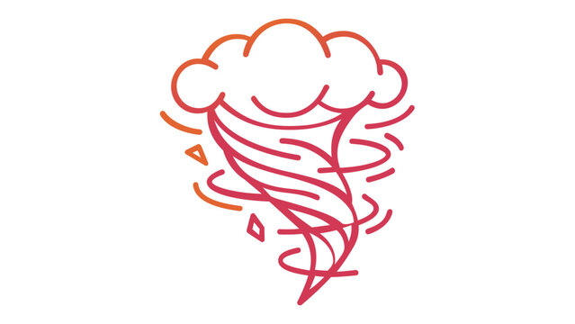 Vibrant orange and red gradient line art vector illustration of a powerful tornado or whirlwind descending from a cloud, minimalist flat icon design for weather, storm, and natural disaster themes.