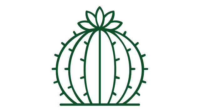 Green line art vector icon illustration of a round barrel cactus with a blooming flower on top, minimalist flat design for nature, desert, and botanical themes, scalable AI-generated graphic asset.