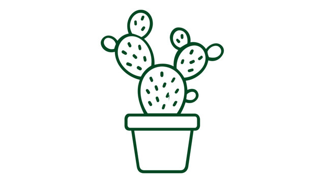 Minimalist green line art vector illustration of a prickly pear cactus in a pot, isolated on a white background. Scalable flat icon design for nature, desert, and houseplant themes.