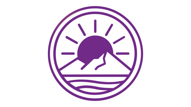 Minimalist vector icon illustration of a sun rising or setting behind mountain peaks with ocean waves in a circular frame, featuring a vibrant orange and purple gradient design for branding.