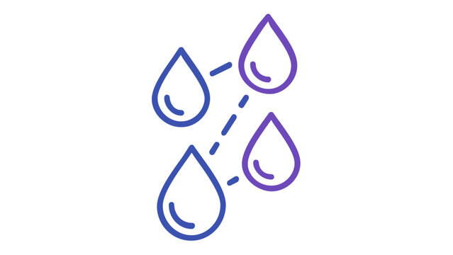 Minimalist blue and purple gradient vector icon illustration of stylized raindrops connected by dashed lines, representing rain, weather, or water cycle for modern web and graphic design.