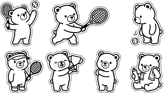 Black and white line art cute bear characters playing tennis holding trophy and resting