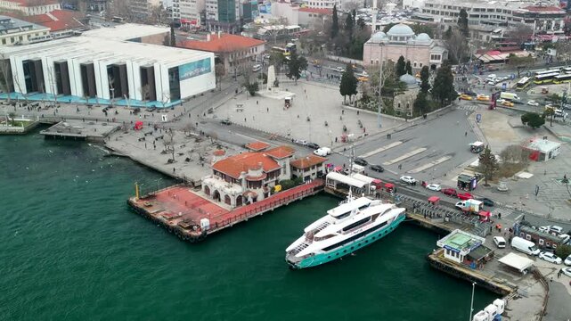 Istanbul/Turkey circa 2023: Besiktas Pier ferry terminal zoom-out shot