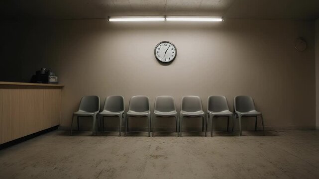 AI generated 4k empty clinic waiting room, clock under fluorescent light
