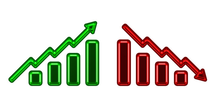 Glossy financial bar charts with up and down arrows, 3D metallic stock market growth and loss icons