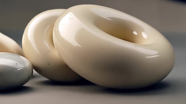 AI generated 4k video: glossy ceramic rings in soft-lit rotation.