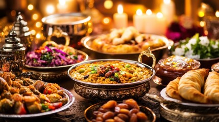 Fototapeta premium Abundant Iftar Table with Diverse Dishes and Candles