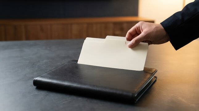Executive hand placing blank tabbed document divider into black leather folio on conference table for governance meeting preparation and organized business records