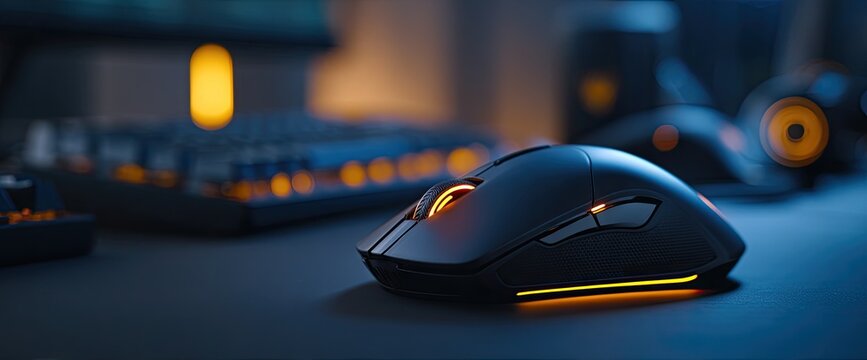 Close-up of a modern gaming mouse with RGB lighting on a dark desk, with a keyboard in the background.