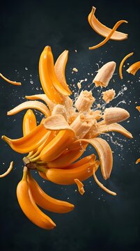 Lakatan Bananas Explosion Showcases Bright Golden Orange Skin Peeling in Luxurious Photorealistic Slow Motion