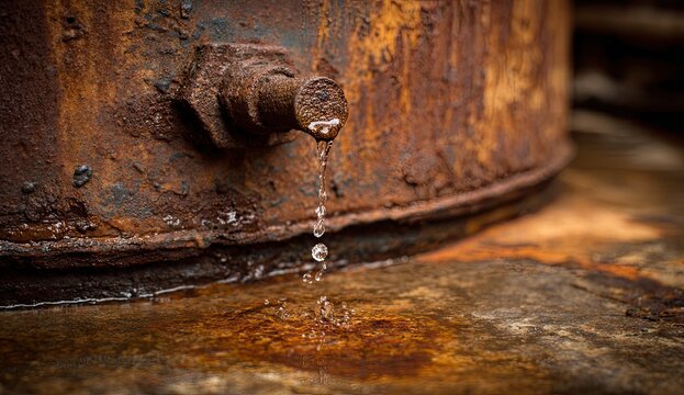 Close-up of Rusty Metal Barrel Dripping Water onto Wet Surface.