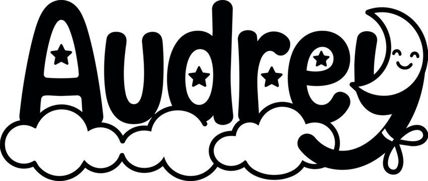Black and white audrey lettering with stars moon and clouds vector art