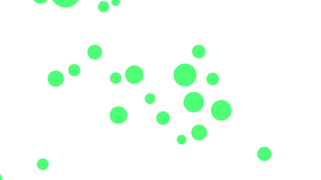 Abstract motion of green circles and dots floating smoothly on a clean white background.
