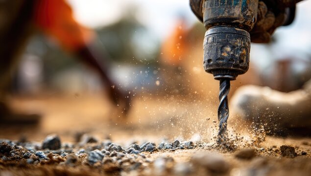 Close-up of a powerful drill bit boring into a rocky surface, creating dust and debris.