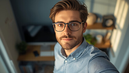 Obraz premium A young professional man with glasses taking a selfie in his home office to showcase hybrid work technology and workspace setup.