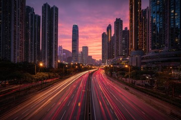 Fototapeta premium Vibrant Cityscape at Dusk with Streaking Lights on Highway.
