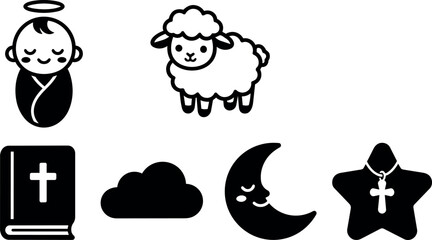 Fototapeta premium Black and white religious icons with baby lamb moon and cross star necklace