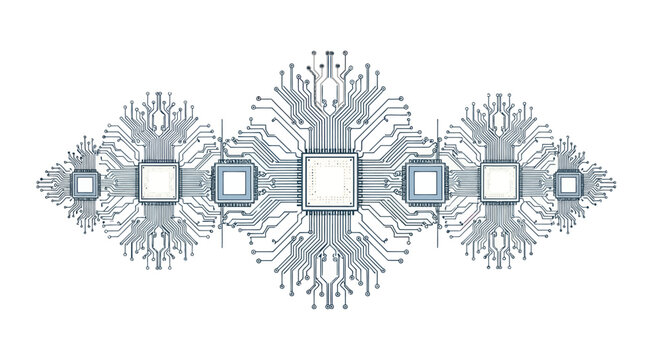 Circuit Board Layout with Microchips Representing Digital Technology and Data Processing