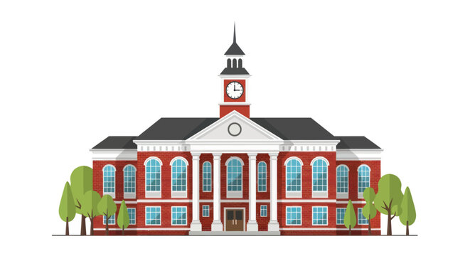 Classical public building with clock tower and trees