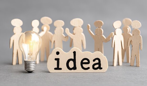 Illuminated Light Bulb and Wooden Figures Representing a New Idea and Teamwork.