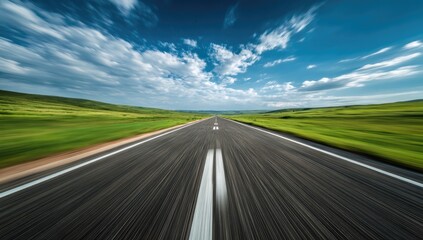 Fototapeta premium Open Road Ahead Through Green Fields Under a Cloudy Sky.