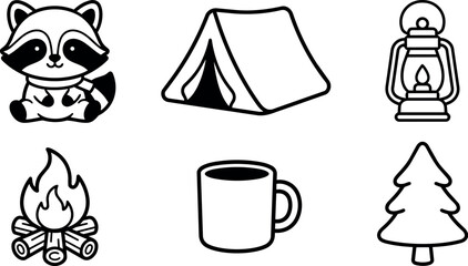 Fototapeta premium Black and white line art raccoon camping tent campfire lantern mug pine tree vector illustration