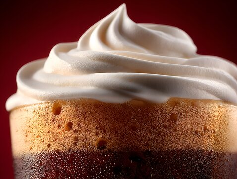 A close-up shot of a frothy root beer float with a generous swirl of whipped cream against a deep red background showcasing refreshment.