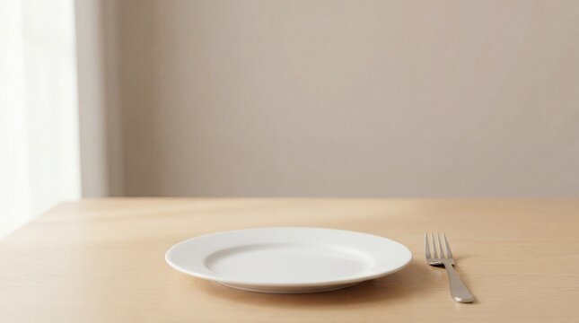 Empty plate and fork on table suggest fasting with soft daylight