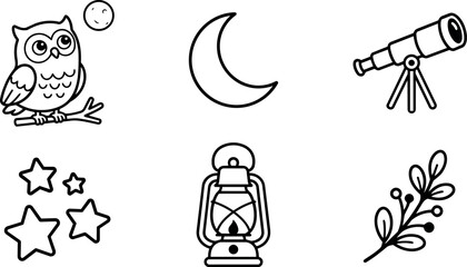 Naklejka premium Black and white line art owl moon telescope lantern stars and branch vector illustration
