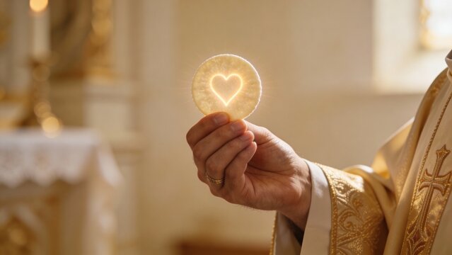 Priest holds Eucharist host with glowing heart symbol during Mass