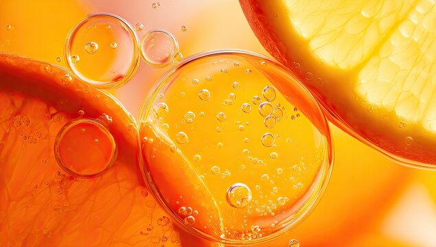 Macro shot of orange oil droplets and citrus slices in liquid.
