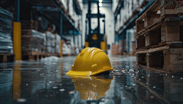 Yellow Hard Hat Submerged in Floodwater Inside Warehouse with Forklift.
