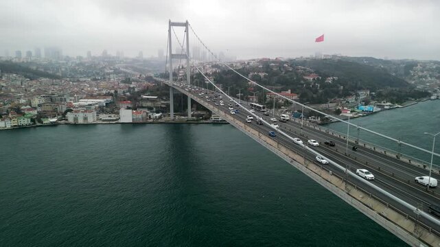 Istanbul/Turkey circa 2023: 15th of July Martyrs Bridge forward flight