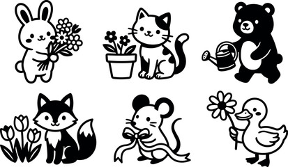 Obraz premium Black and white cute animal characters with flowers and watering can vector art