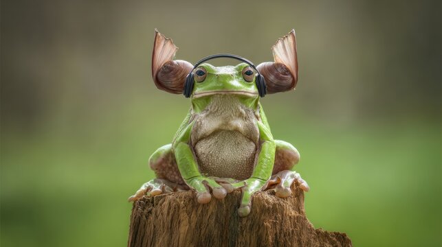 A vibrant green frog sits on wood wearing headphones with leaf-like ear cups