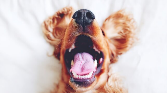 A close-up view capturing the yawning face of a golden-haired dog