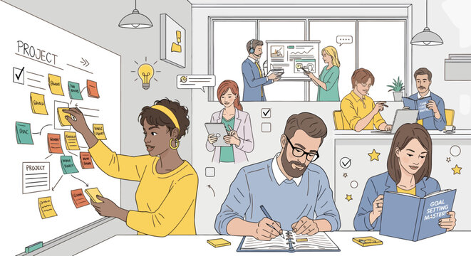 Teamwork project planning brainstorming office collaboration productivity illustration