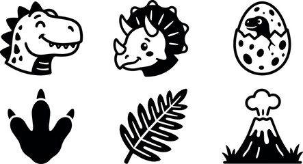 Fototapeta premium Black and white dinosaur icons including t rex triceratops egg footprint fern and volcano vector art