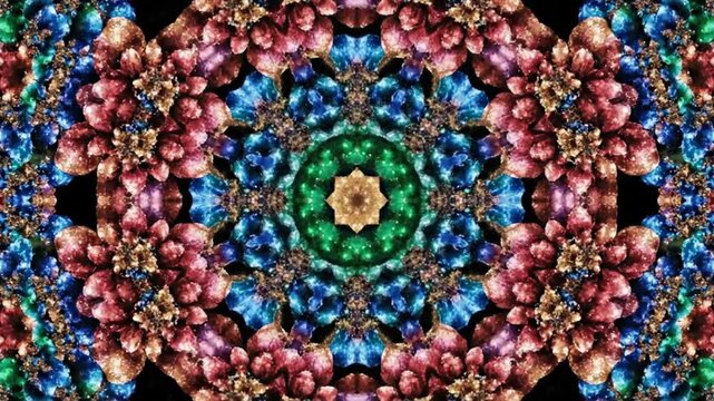 Abstract kaleidoscopic pattern with symmetrical shapes and vibrant colors