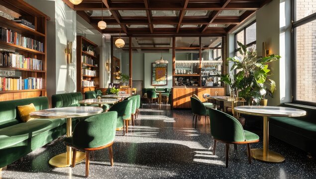 Cozy Cafe Interior with Bookshelves and Green Velvet Seating.