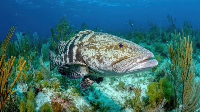 A large grouper swims among coral and marine plants, its open mouth visible