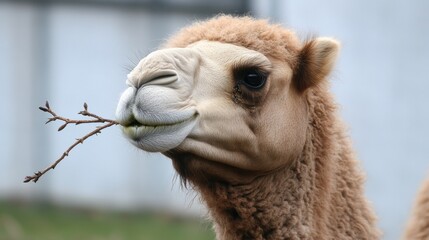 Fototapeta premium Camel with split lip chewing a twig