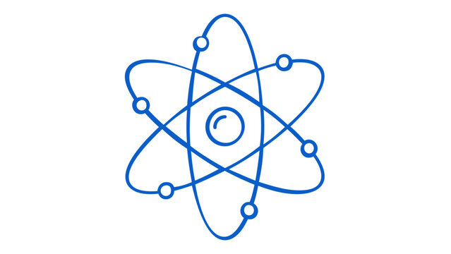 Blue minimalist line art vector icon illustration of an atom with a central nucleus and orbiting electrons, representing science, physics, chemistry, nuclear energy, and educational research.