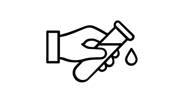 Hand holding a test tube with liquid drop vector icon illustration. Minimalist line art design for science, chemistry, laboratory research, medical analysis, and education concepts.