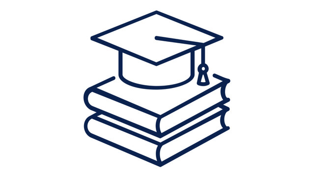 Graduation cap on stack of books vector icon illustration, minimalist line art symbol for academic achievement, university education, school learning, and student success, isolated on white.