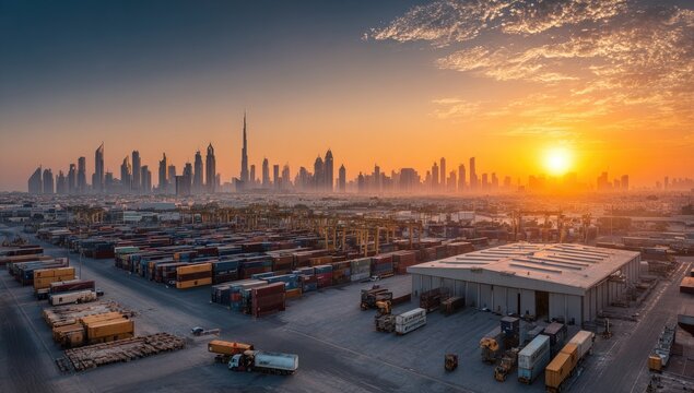 Dubai Skyline and Industrial Yard at Sunrise.