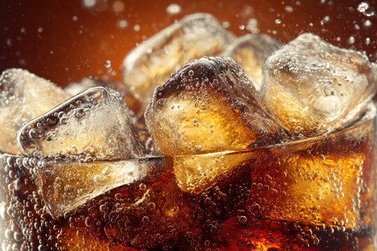 Refreshing Cola Drink with Ice Cubes and Bubbles Close-up.