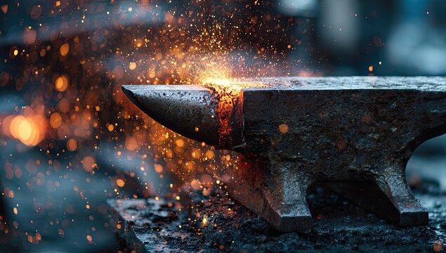 Close-up of glowing hot metal being forged on an anvil with sparks flying.