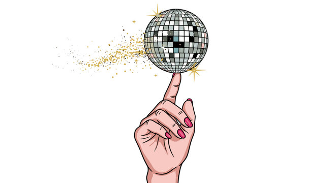 Disco ball balancing on fingertip with golden sparkles exploding outwards vibrant