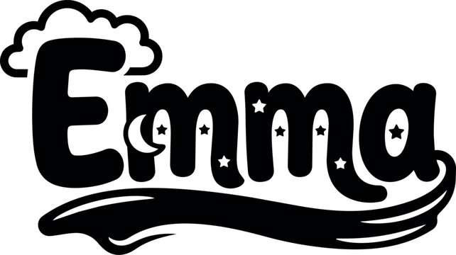 Black and white calligraphic lettering emma with stars moon and cloud vector art